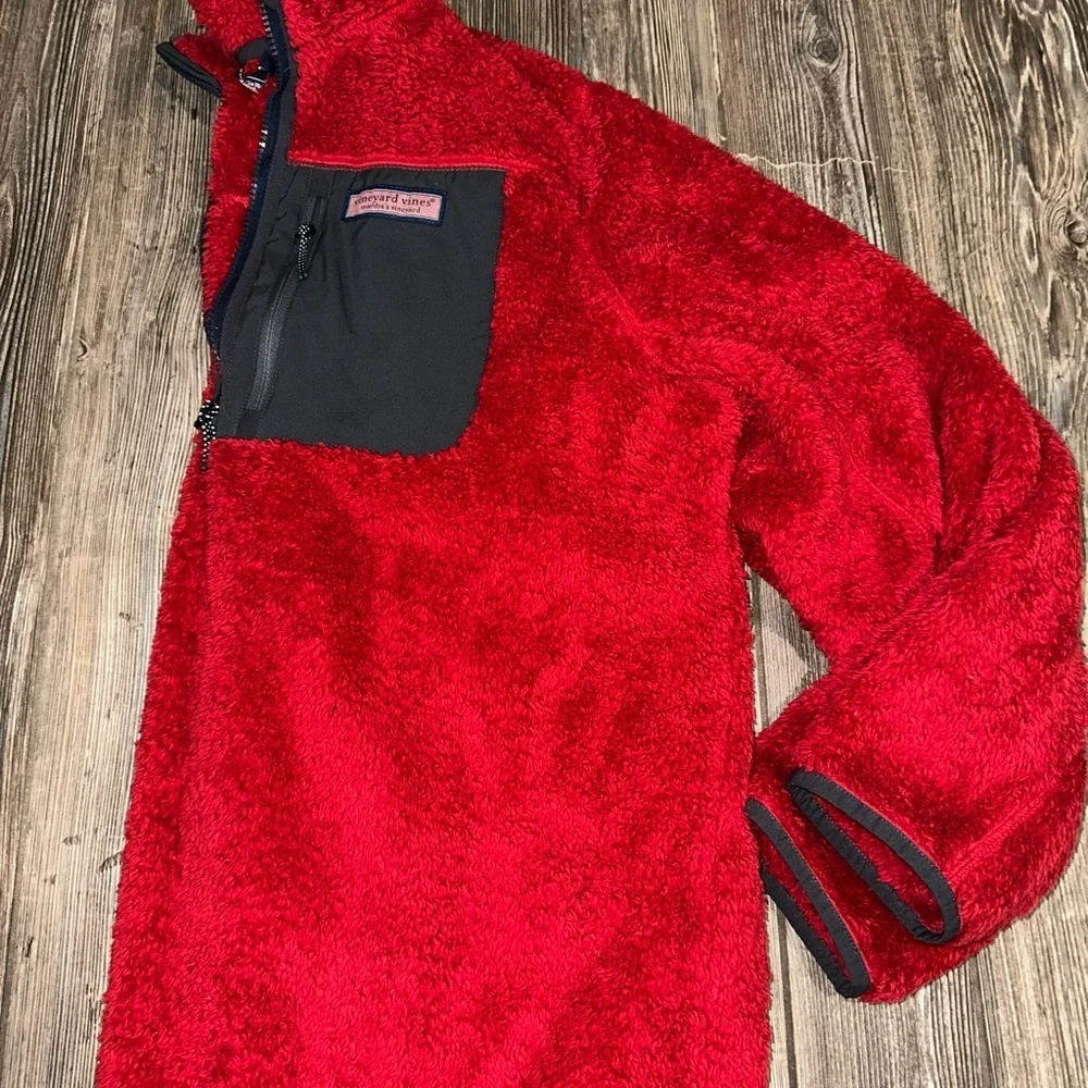 Vineyard Vines Stillwater Sherpa Quarter Zip Red Velvet Fleece Gray Pocket Large